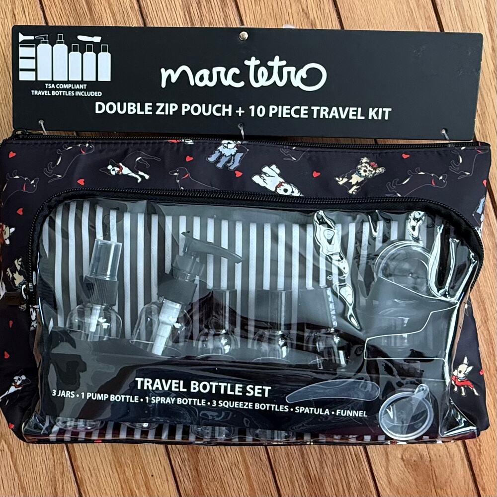Marc Tetro Dog Print Double Zip Pouch 10-Piece TSA Travel Bottle Kit Set